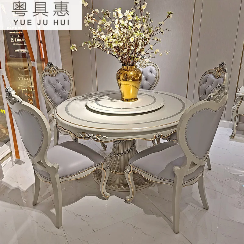 

French round table neoclassical solid wood dining table chair combination of European 8 people dining table chair home dining ta