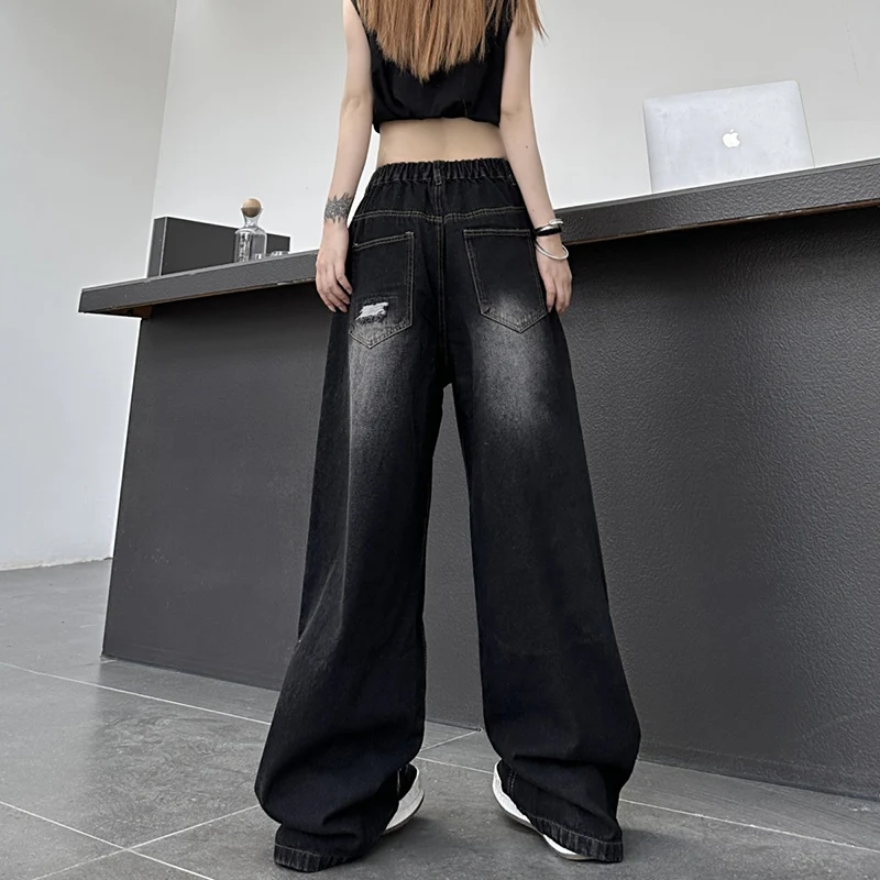 Fashion Zipper Button Pockets Tassel Hole Wide Leg Jeans Female Clothing 2024 Autumn New Loose High Waist Straight Casual Pants