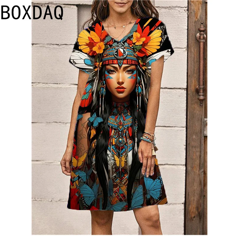 Women Short Sleeve V-Neck A-Line Dress 3D Indian Style Printed Dress Big Size Summer Female Vintage Dress Vestidos