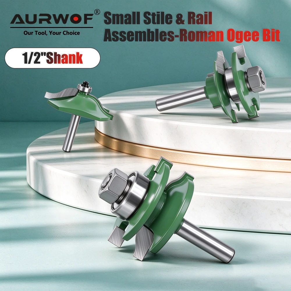 AURWOF 8mm Shank 3Pcs Router Bit Set Rail And Stile Panel Raised Cutter For Kitchen Cabinet Door Woodworking MC02033GN