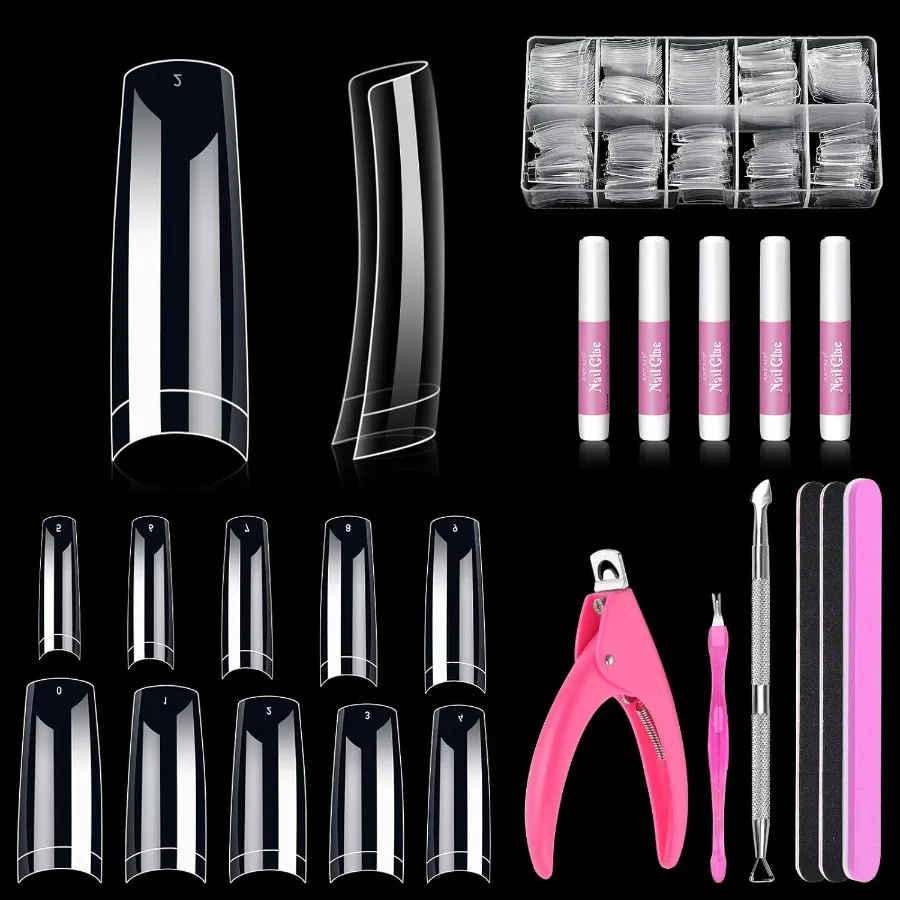 

Clear Acrylic Nail Tips 500 Pcs French Nail Tips Square Half Cover with Glue Clipper Files and Cuticle Fork for Salons and Home