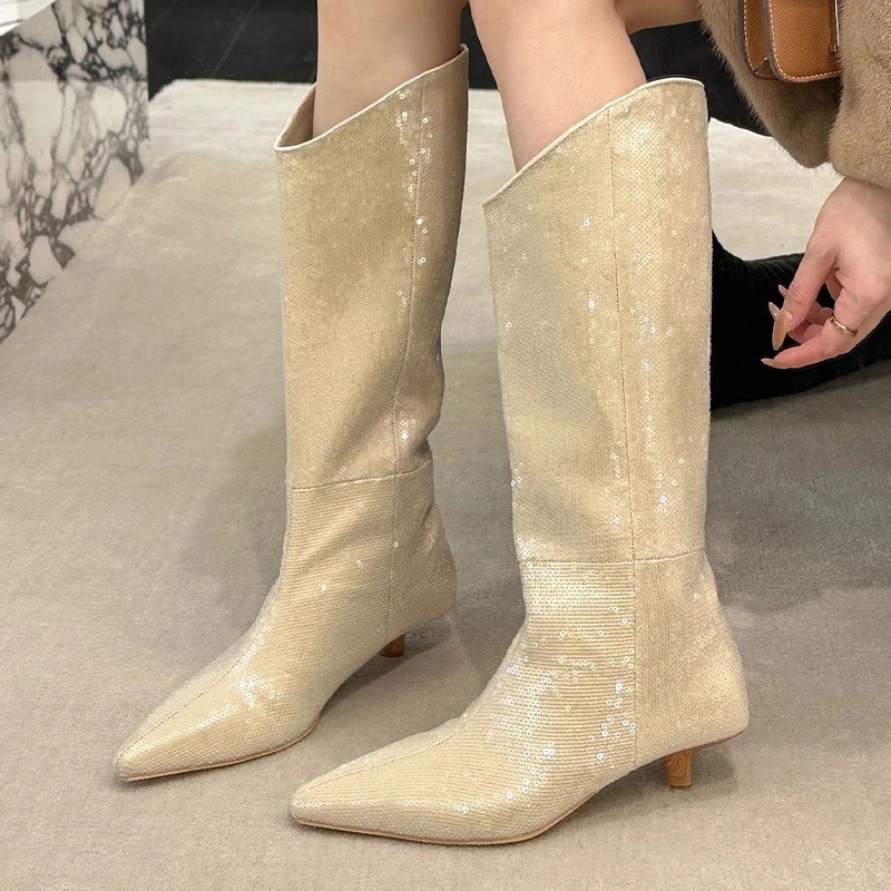 

Pointed Toe Women's High Boots Fashion Dress Bling Heeled Shoes Designer Winter Boots 2025 Sexy Luxury Chelsea Botas De Mujer