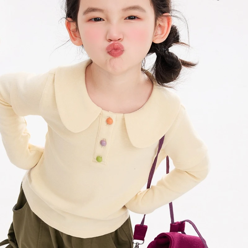 Children's Clothing Color Mushroom Buckle Fake Two Pieces Girls' Long Sleeved T-shirt Autumn Clothing Doll Collar Top