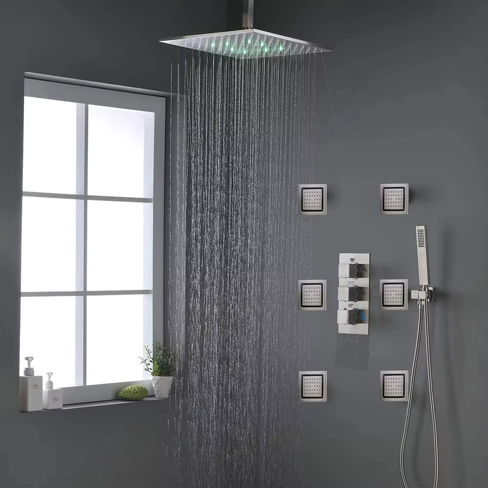 

16-Inch Ceiling Rainfall LED Thermostatic Shower System Brushed Nickel 6 PCS Body Jets Mixer Luxury Shower Faucet Set