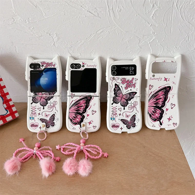 

Butterfly Cat Ears Phone Case for Samsung Galaxy Z Flip 6 5 4 3 Protective Back Cover for ZFlip4 ZFlip5 ZFlip6 Case