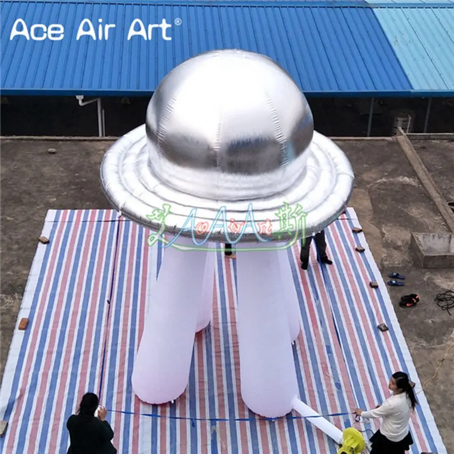 Hot Selling 4m/5m/6m H Silver Inflatable UFO Model With Stand For Amusement/Art Gallery /Museum Decoration Made By Ace Air Art