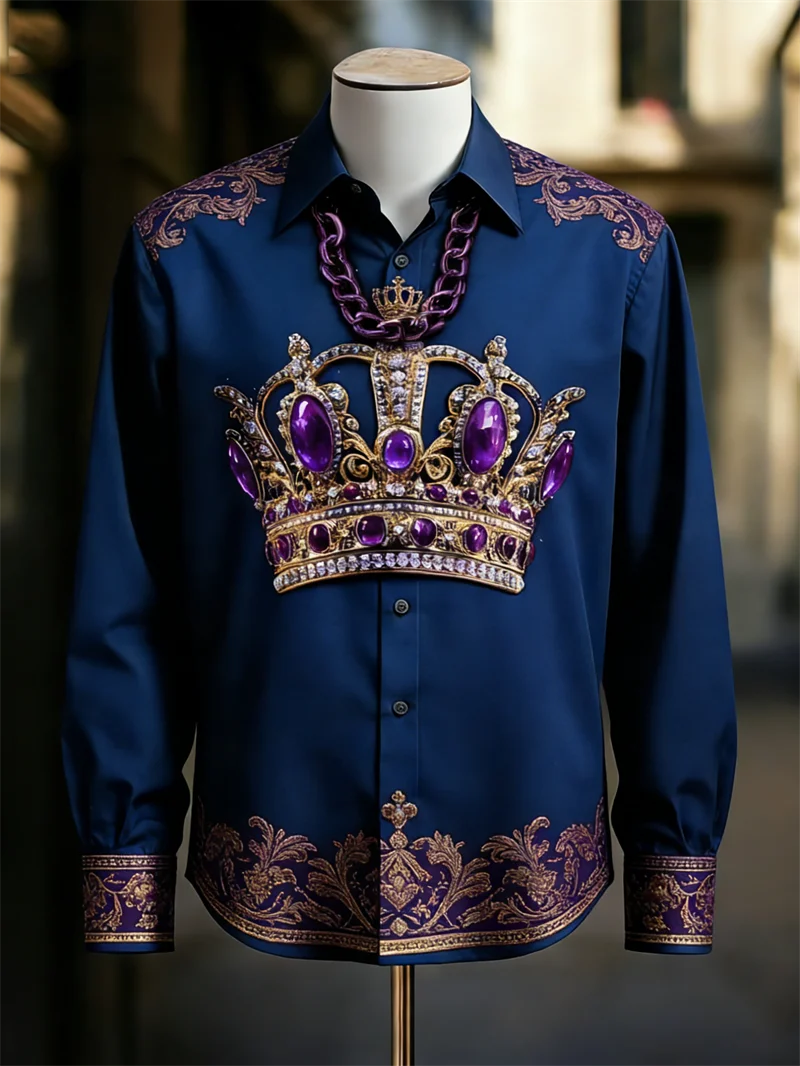 New men's long sleeved shirt with golden crown 3D printed shirt, fashionable pattern, luxurious shirt style