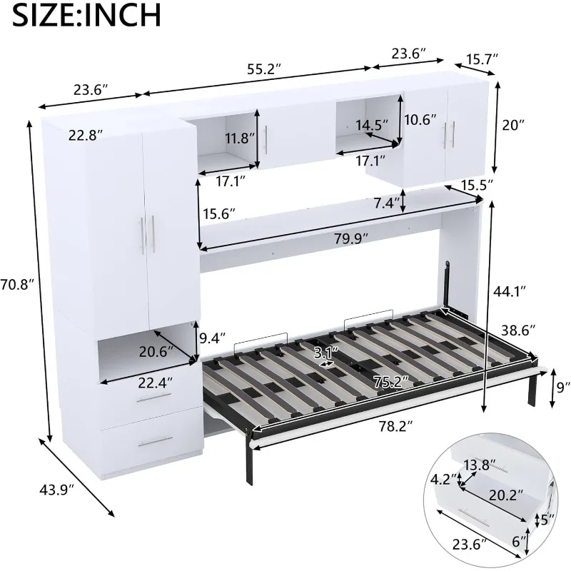 سرير توأم ميرفي مع خزانة ملابس وطاولة، لون أبيض موفر للمساحة #3