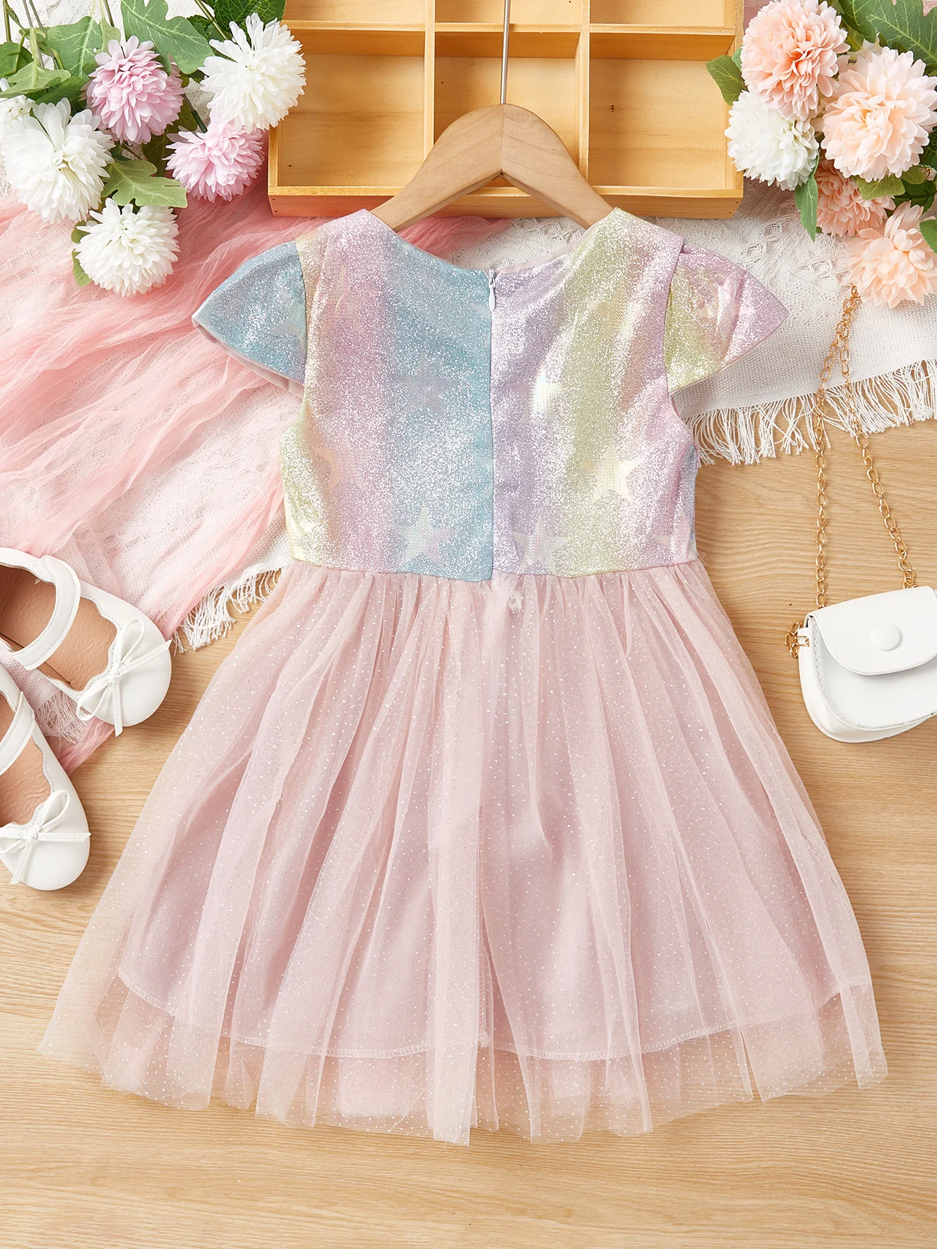 Little Girls Casual Rainbow Sequin Dress Girls cute mesh Princess dress Toddler costume