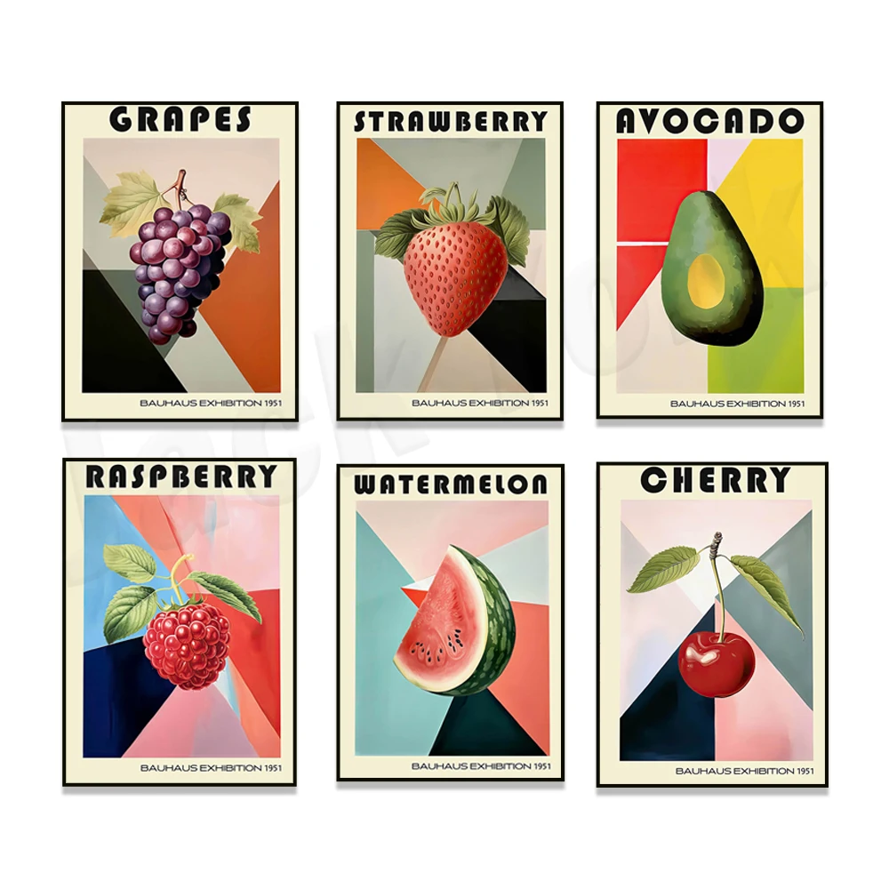 

Raspberry, strawberry, pineapple, avocado, plum, pear, lemon, cherry, apple, watermelon kitchen Bauhaus retro poster