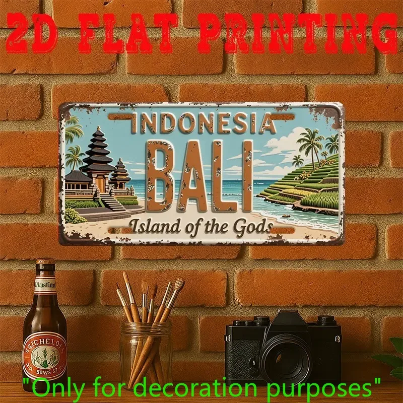 2D Flat Vintage Bali Aluminum Sign Temple Rice Terraces Wall Decor, Island of Gods Themed Home Art