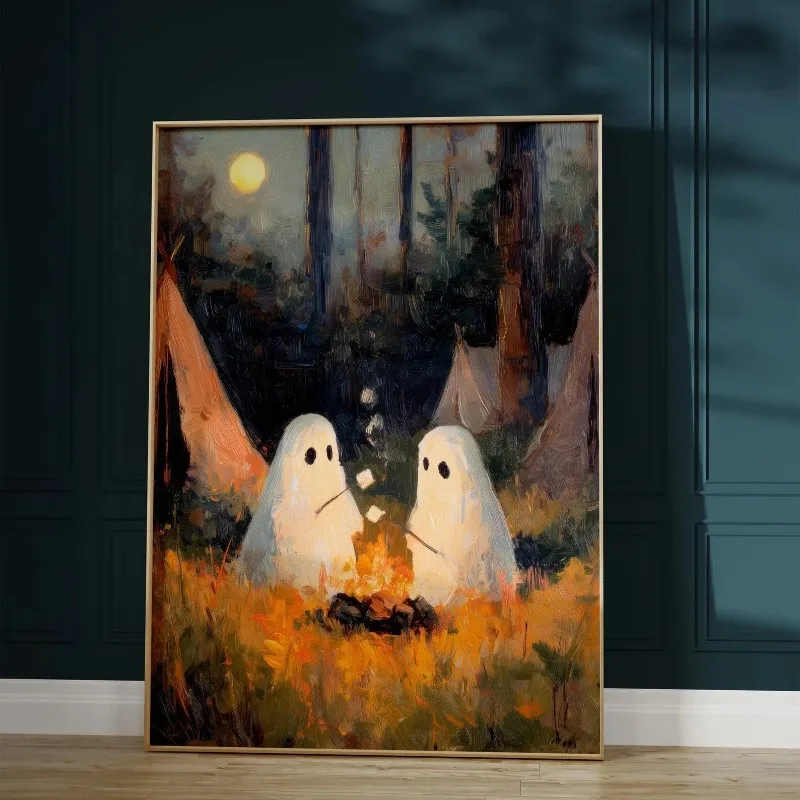 Vintage Painting Two Ghosts Roasting Marshmallows Campfire Forest Halloween Canvas Poster Prints Frameless Wall Art Decorations