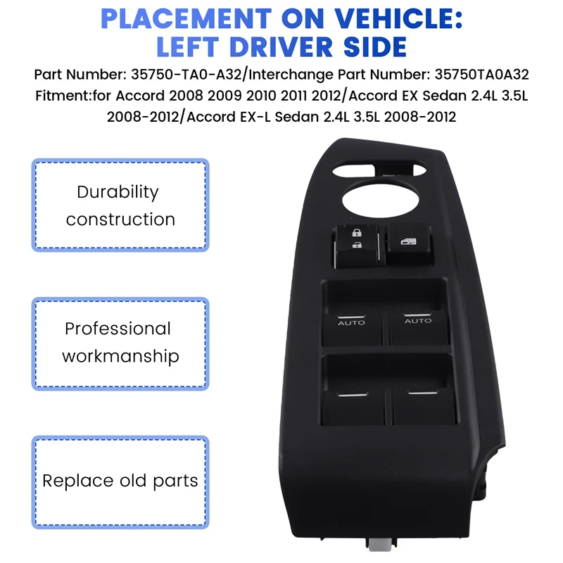 

Precisionn 35750-TA0-A32 Car Window Switch Regulator Button Control Panel Assembly For Honda Accord 2.4L 3.5L 2008-2012 35750TA0