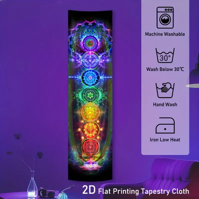 VIKAMA Blacklight Seven Energy Centers Meditation Glyphs Reactive Vertical Tapestry Spiritual Wall Art Decor Soft Durable Cozy