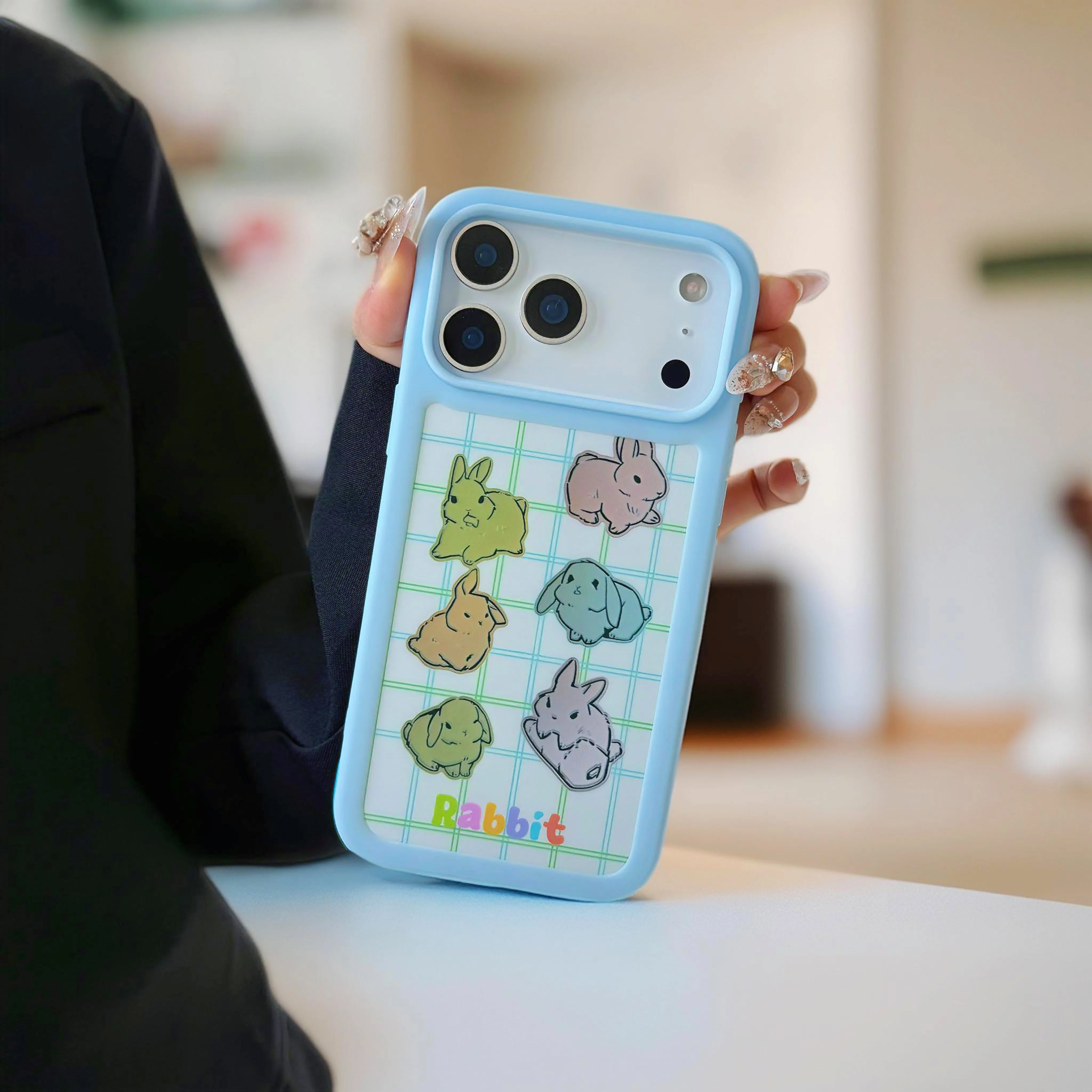 Cute Cartoon Animal Rabbit Border Protective Case for iPhone 17 Air 13 14 15 16 17 Pro Max Creative Color Dopamine Phone Case