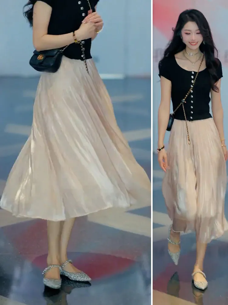2026 Spring/Summer New Luster  A-line Women Skirt Solid Color High Waist French Paris Style Elegant Asymmetrical Skirt