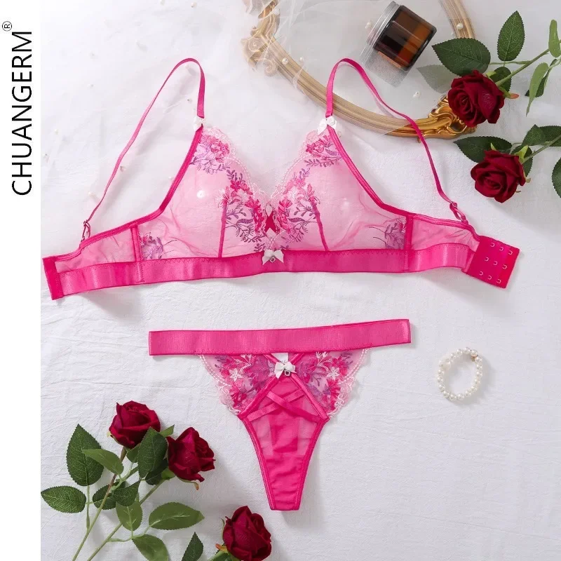 CHAUNGERM Mesh Sheer Sexy Lingerie Bow Floral Embroidery  Onlyfans Kit Patchwork Sensual Intimate Underwear Pink Lace Garter Set