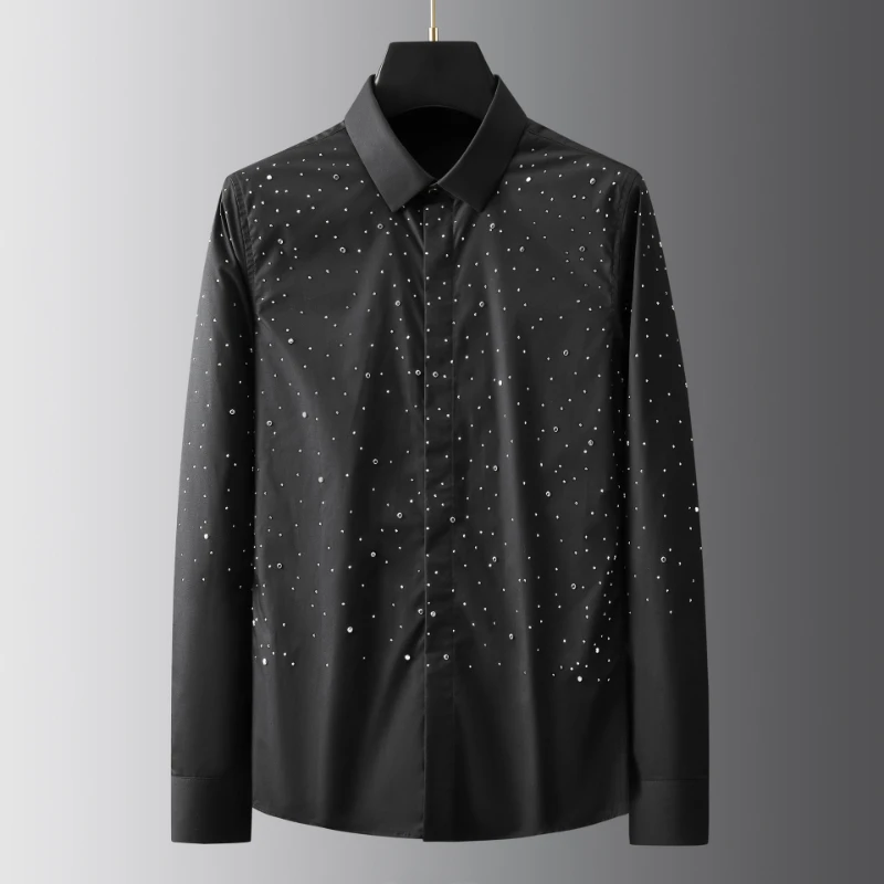 

2022 Cotton Men's Shirts Luxury Long Sleeve Diamond Business Casual Black White Male Dress Shirts Simple Slim Party Man Shirts