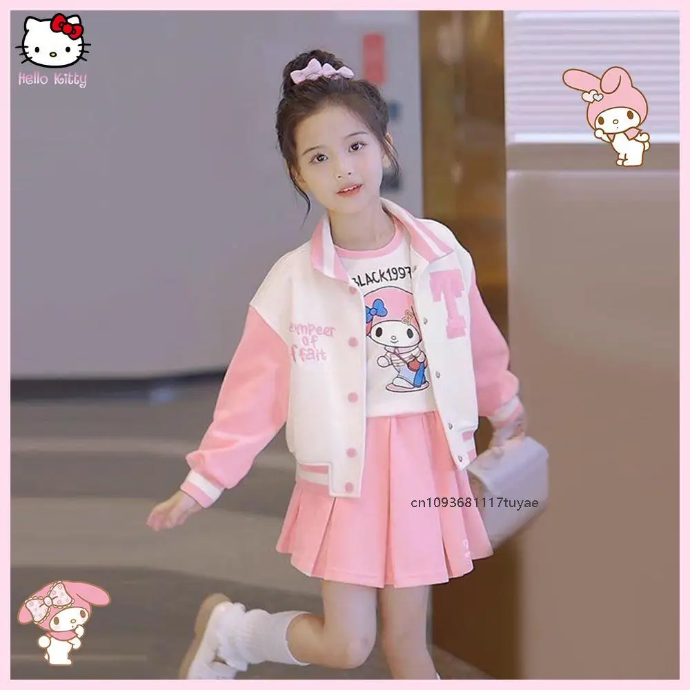 Kawaii My Melody Kuromi Girls Fashion Coat Long Sleeved T-Shirt Pleated Skirt Anime Sanrios College Kids Baseball Uniform Set