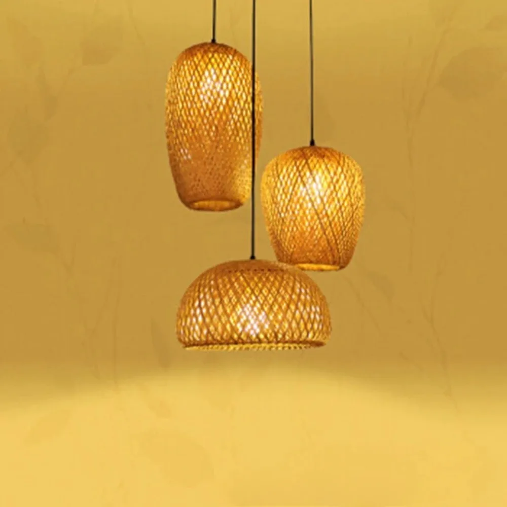 Modern Handmade Bamboo Chandelier Restaurant Coffee Shop Natural Rattan Wick E27 LED Pendant Lamps Indoor Lighting Decoration