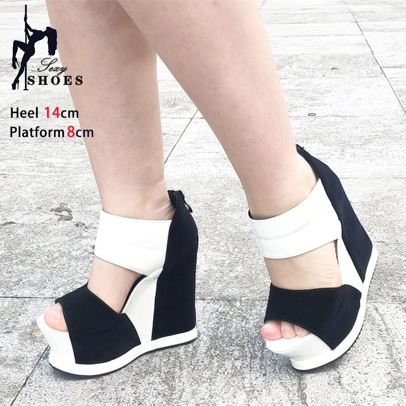 Comfortable Wedges Women Sandals Black White Color Casual High Heels Summer New 14CM Breathable Sandals Sexy Model Catwalk Shoes