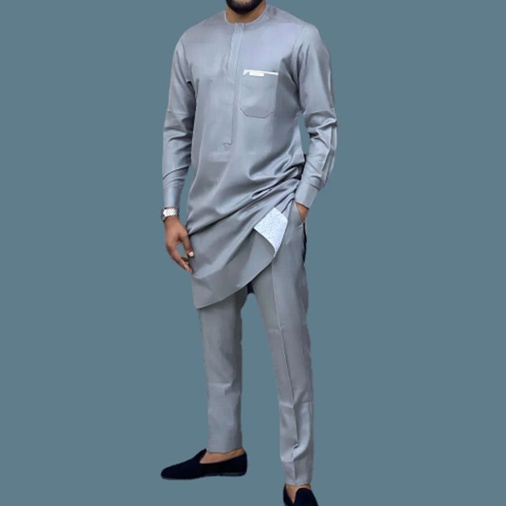 Men Suit 2Pieces Set Printed And Pockets Long Sleeved Top Shirt Pants Outfits African Casual Ethnic Style Designer Man Clothing