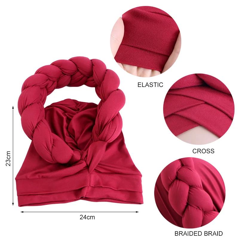 New African Twisted Large Fried Braid Turban Hat Muslim Hijab Hat Elastic Head Wraps Headscarf Beanie Hats Turbante Cap