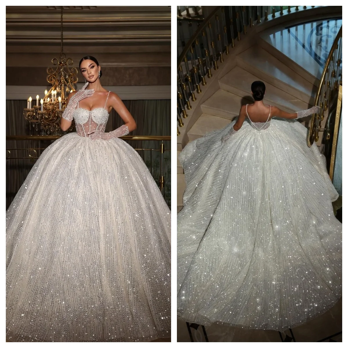 

Graceful Ball Gowns Bride Spaghetti Straps Bridal Dress Sparkly Sequins Wedding Dresses Robe Vestido De Noiva Customized