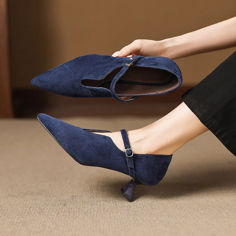 

Новые весенне-летние женские туфли из овечьей замши с острым носком, модные ретро туфли на высоком каблуке, туфли Мэри Джейн ручной работы для женщин