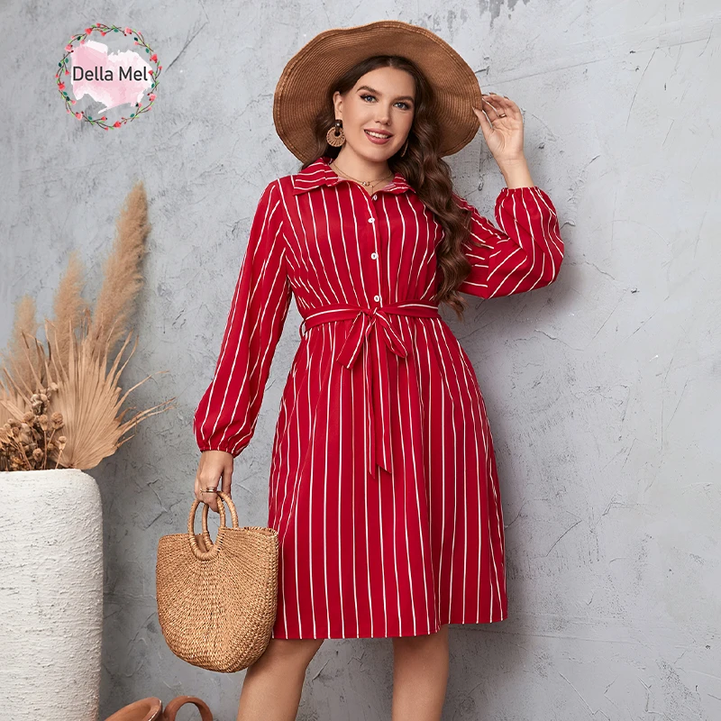 Della Mel Plus Size Women Clothing Stripe Dresses Fashion Print Long Sleeve Lady Casual Holiday Elegant A-Line Party Midi Dress