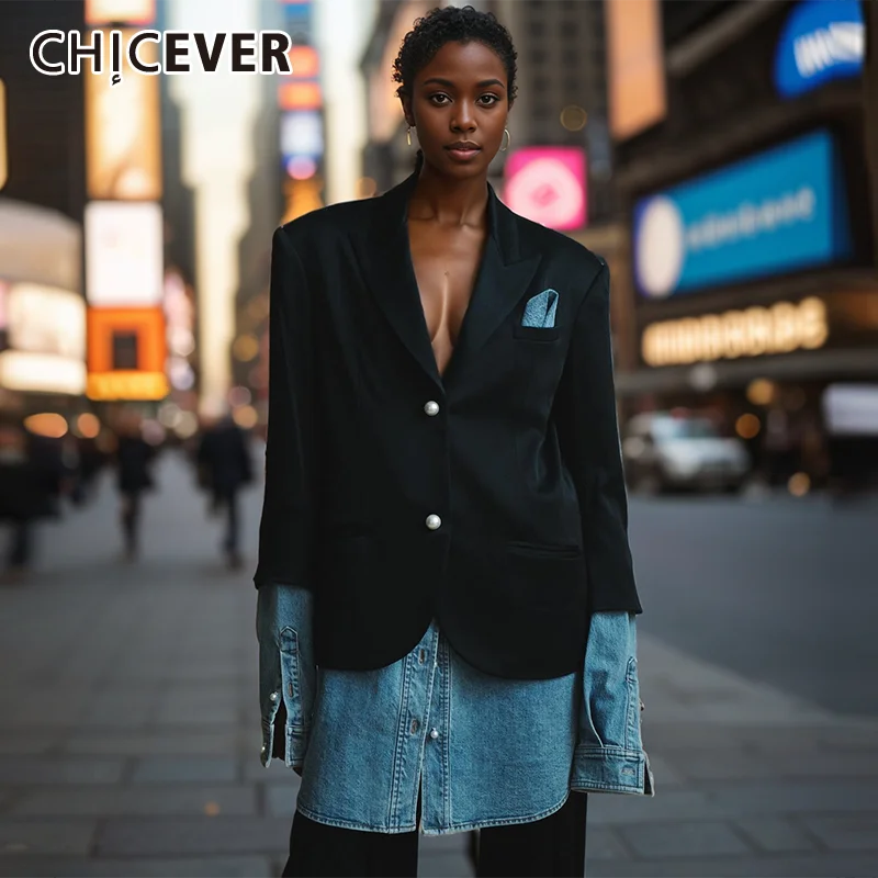 

CHICEVER Hit Color Patchwork Denim Blazers For Women Notched Collar Long Sleeve Spliced Button Casual Autumn Blazer Female New