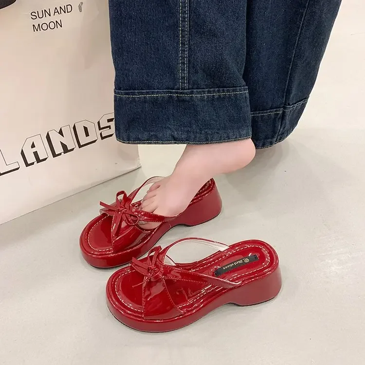 

2026 Summer Women Platform Slippers Fashion Butterfly-knot Thick Bottom Slides Ladies Casual Height Increase Beach Shoes Non-sli