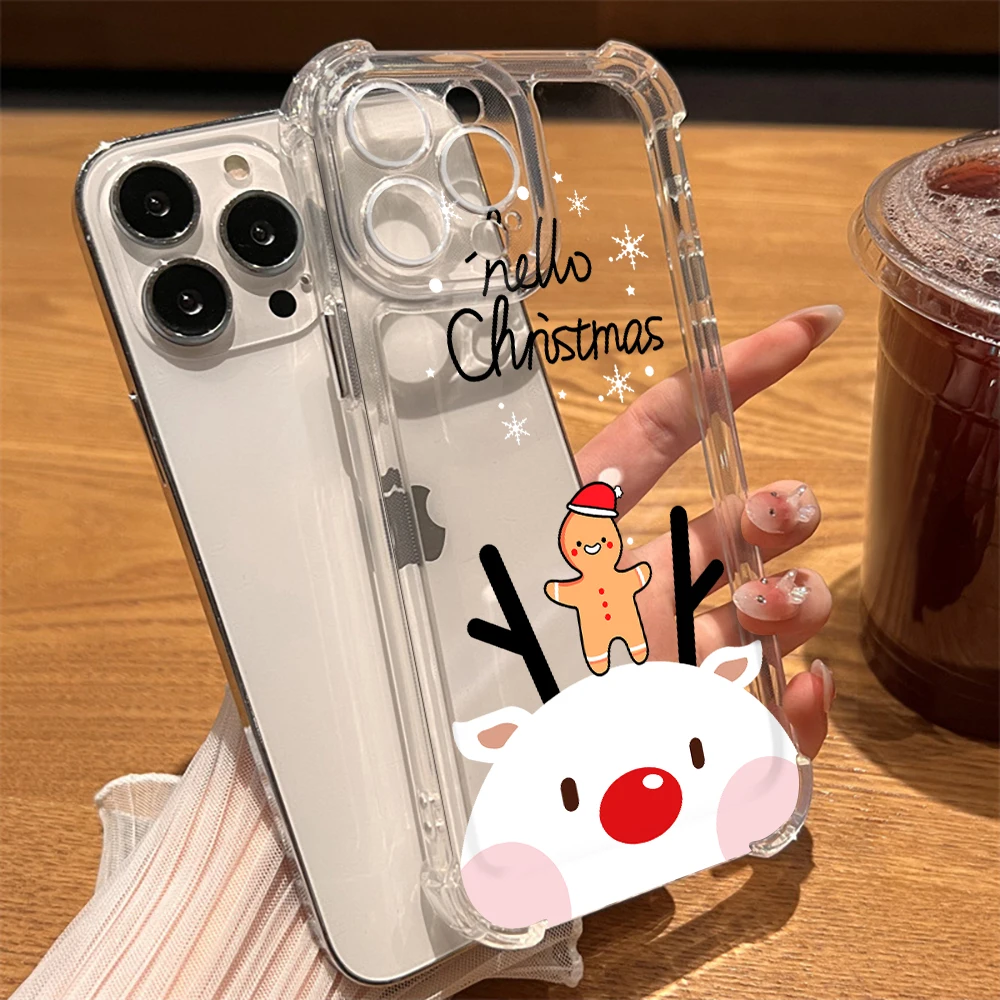 

Luxury Shockproof Hard Back Phone Case for iPhone 15 14 13 ProMax XR XS Max 7 8 Plus SE 12 11 Christmas Elk Transparent Fundas