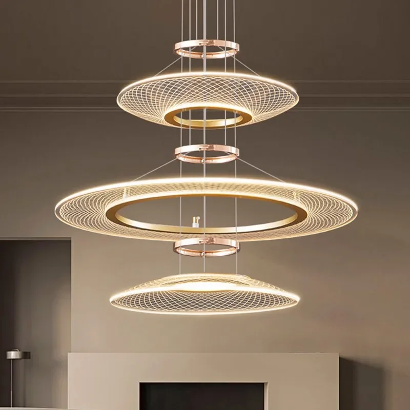

2025 Modern Luxury Golden circle Acrylic LED Chandelier Living Room Hall Hanging Lamp Ceiling Lustre Home interior lighting