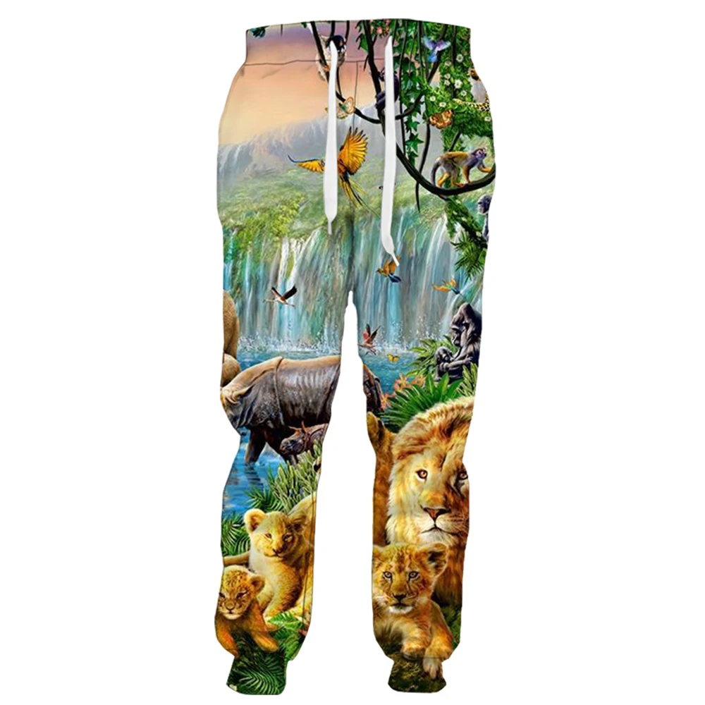 

HX Fashion Animals Pants Tropical Forest Lion Family Rhino Bird 3D Printed Sportwear Casual Sweatpants Harajuku Streetwear