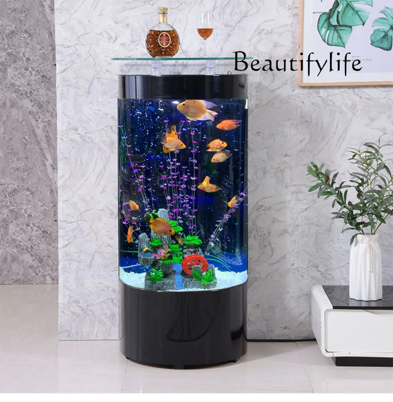 

Light Luxury Fish Tank Living Room Small Household TV Cabinet Side Semicircle Floor Glass Aquarium Ecological New