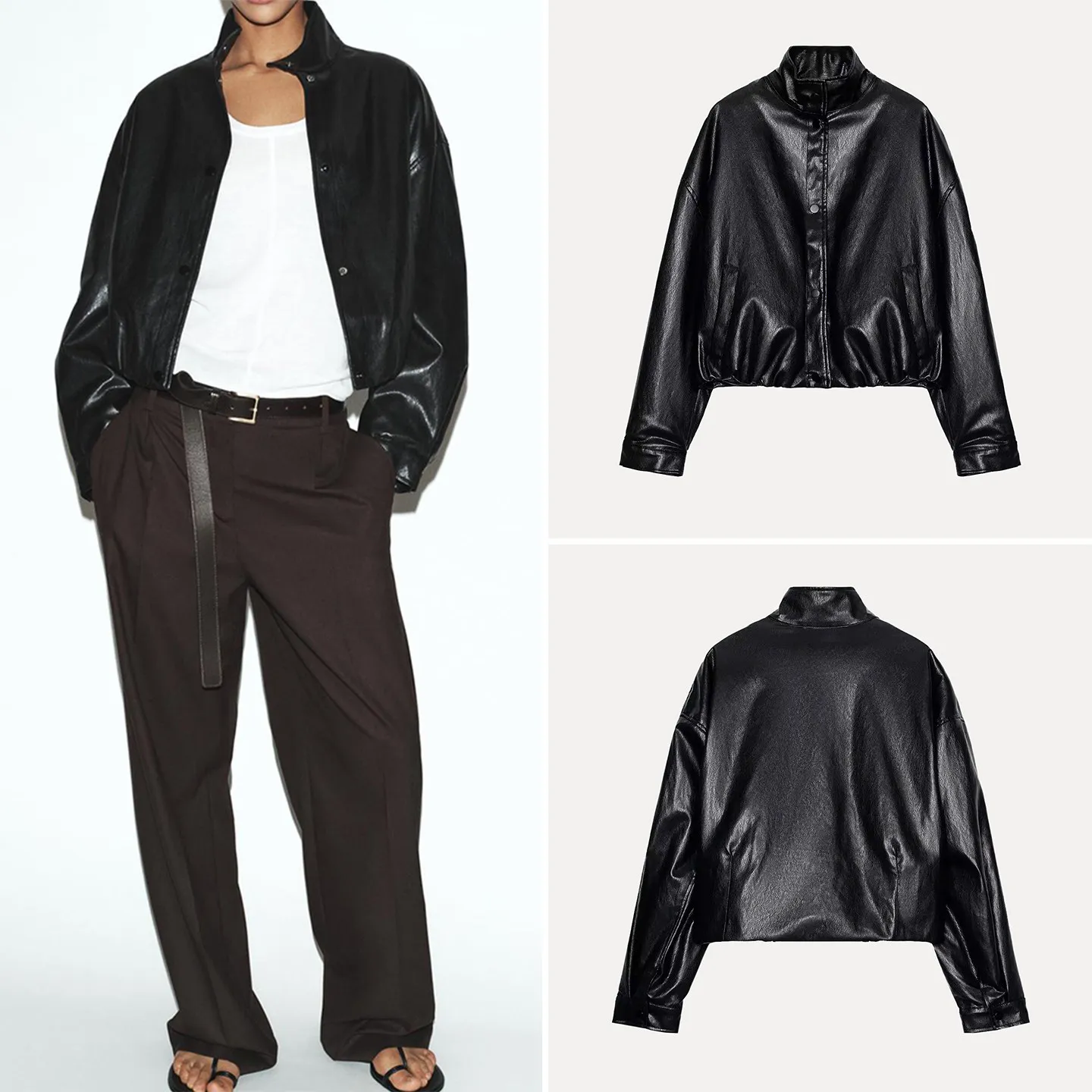 

Women's Spring 2026 New Style Quilted Leather Effect Pilot Jacket Coat ZADATA Standard Fit Long Sleeve High Collar Button Clo...
