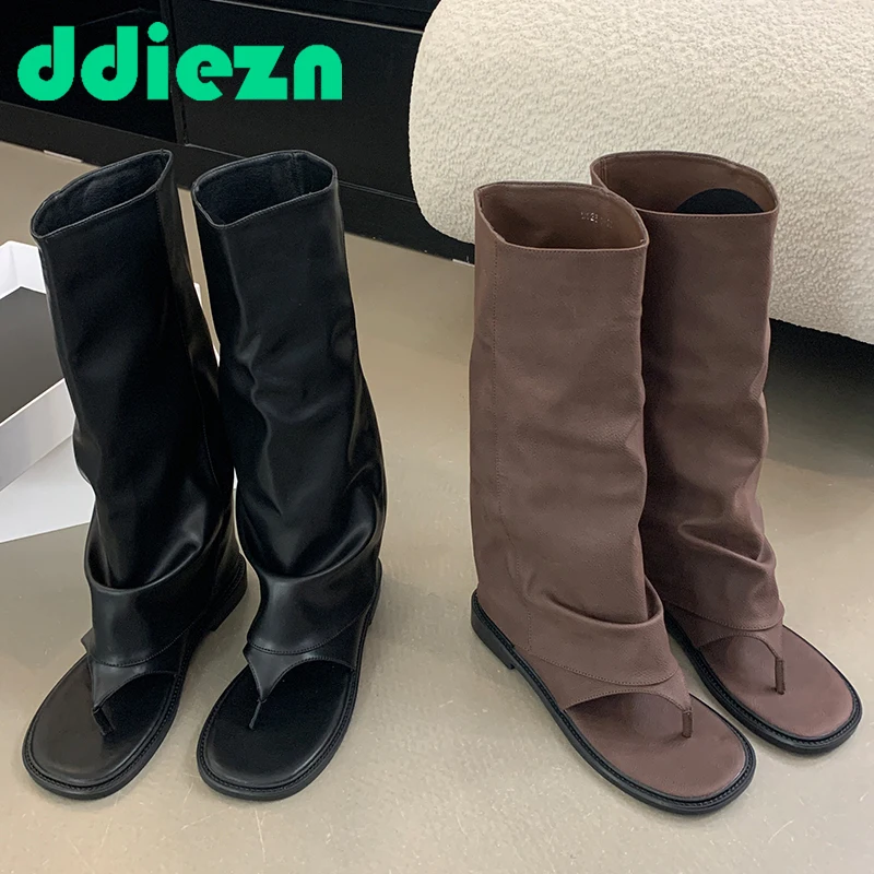 

Sandals 2024 Knee-High Boots Heels Womens Modern Booties Round Toe Ladies Flip flops Boots Footwear Pumps Western Female Shoes