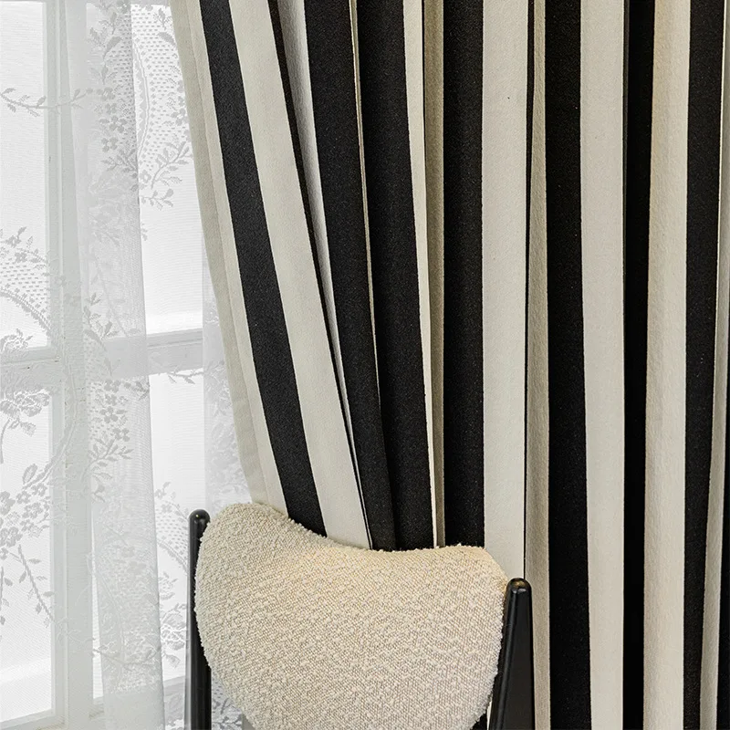 Minimalist Black and White Vertical Stripe Ins Style Curtains Chenille Modern Jacquard Blackout Curtains for Bedroom Living Room