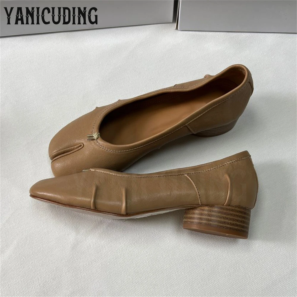 Genuine Leather Pleated Tabi Shoes for Women Luxury Customized Handmade Ballerinas 3Cm Cylindrical Heel Novely Style High Heels