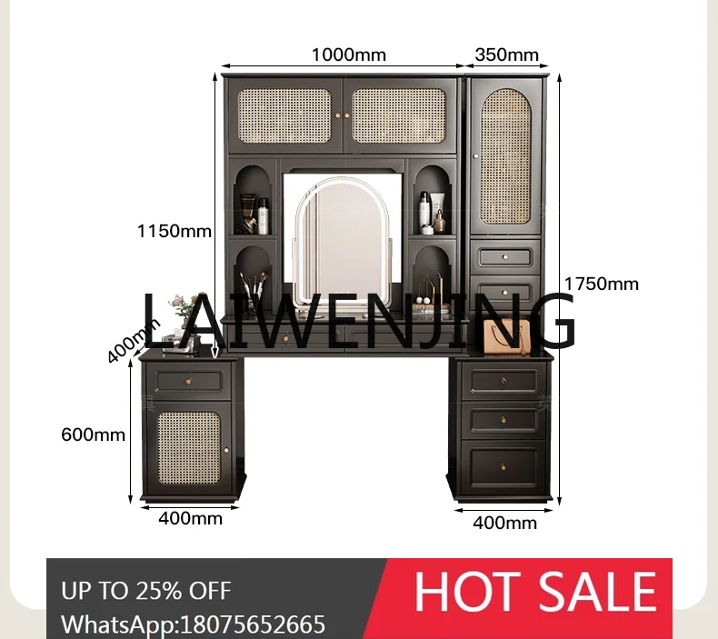 

French Retro Solid Wood Makeup Bedroom Desk Bookshelf Integrated Large Capacity High-Grade Black Dresser Locker