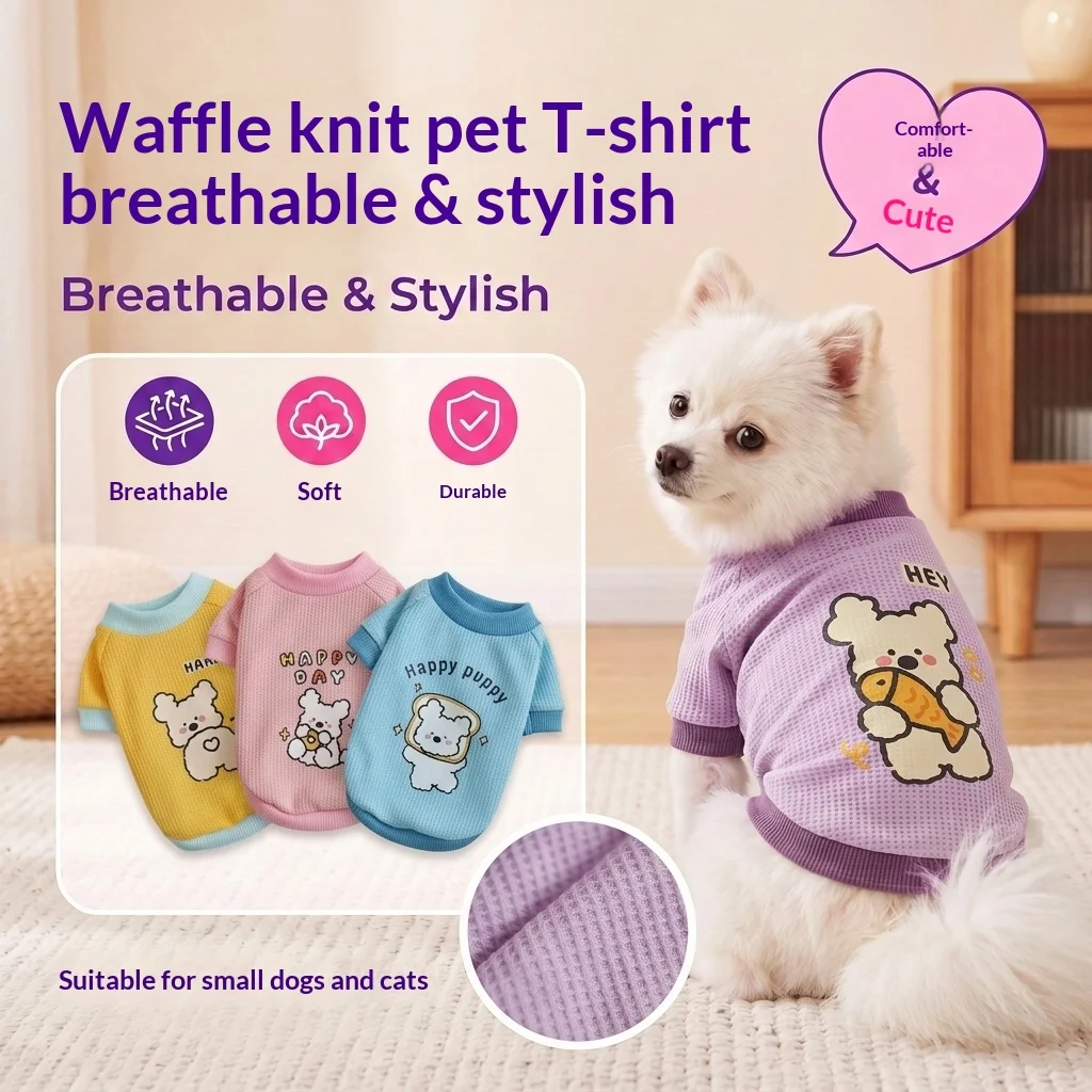 Cute Cartoon Bear Pet Sweatshirt Waffle Knit Dog Clothes Contrast Collar Two Legged Shirts Soft Breathable Puppy Outfit For Smal