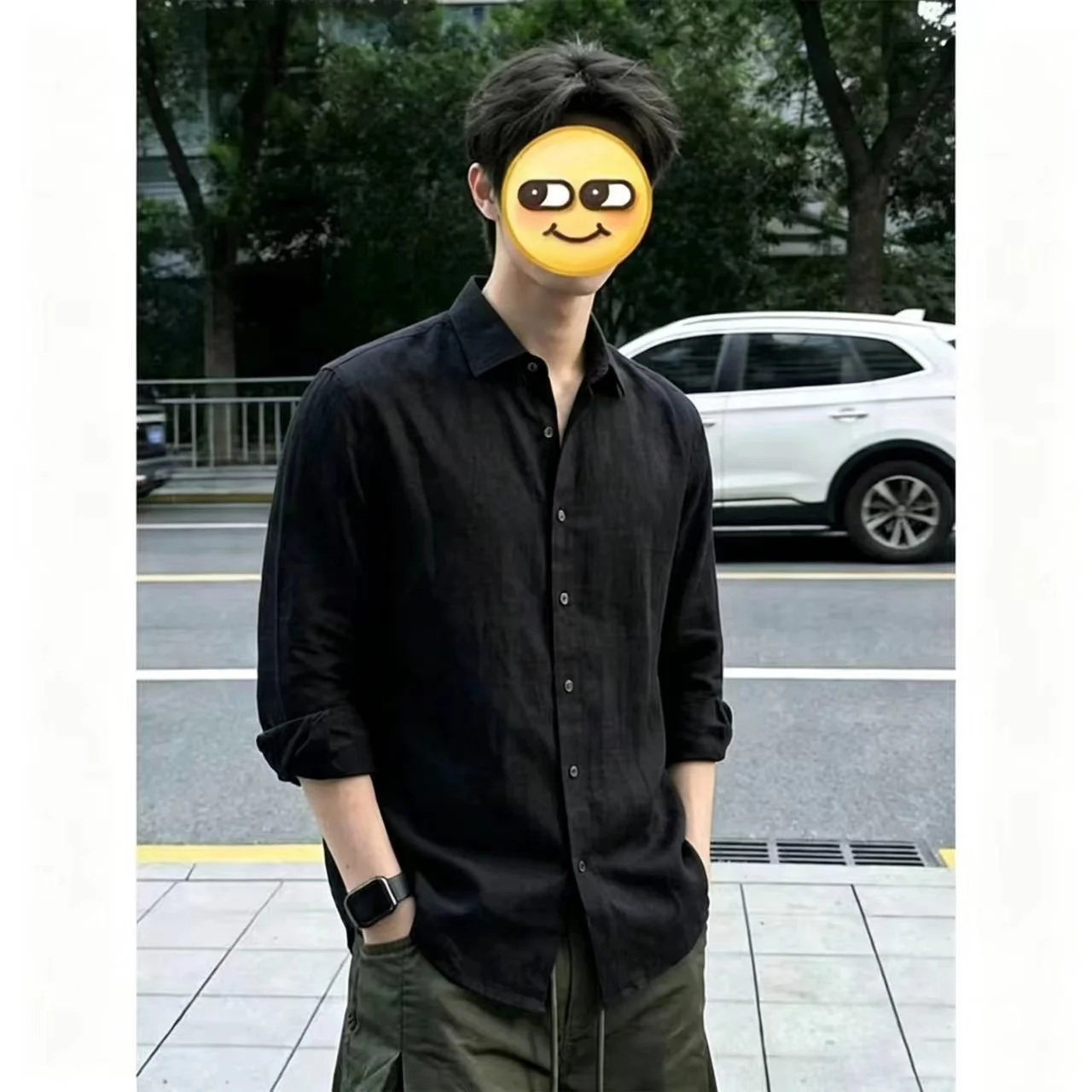 Loose Fit Long Sleeve Men's Shirt Casual Dark Blue Vintage Style Commute Wear Polyester Breathable Summer Fashion Male Model