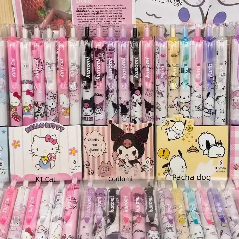 Sanrio Hello Kitty 6pcs Series Gel Pen 0.55mm Refill Y2k Cinnamoroll Kuromi MelodyCartoon Press Pen Black Stationery Supplies