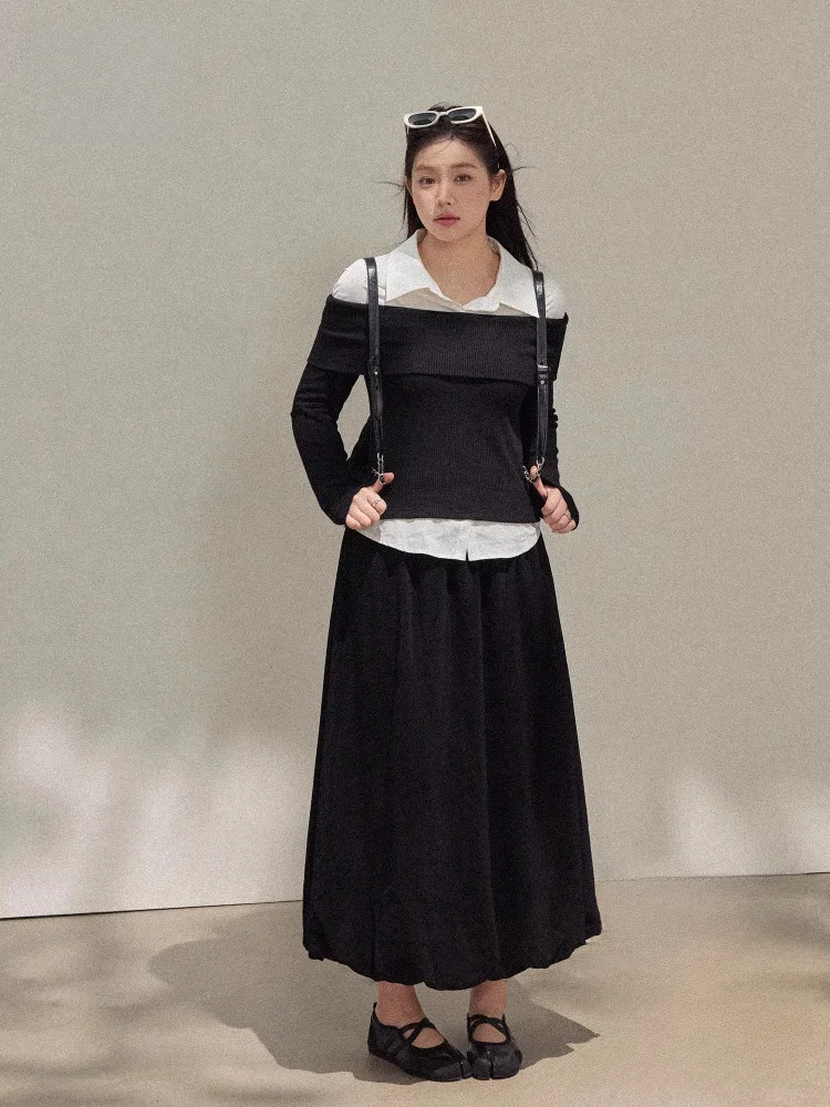 

Bla Асимметричный подол Топ и юбка Комплект больших размеров Женская мода для похудения Корейская юбка трапециевидной формы с высокой талией для поездок на работу