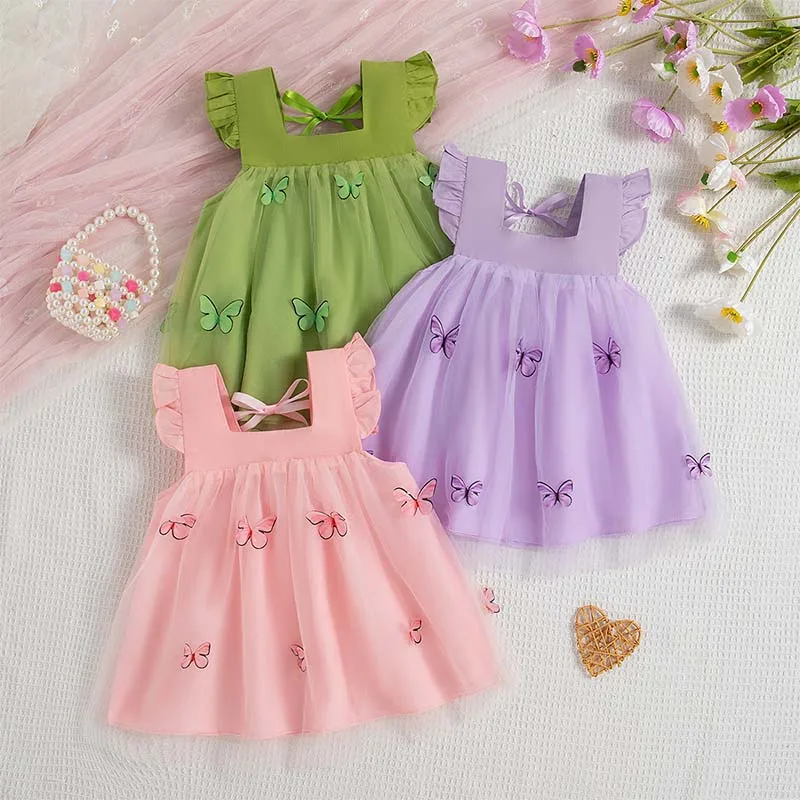Baby-Mädchen-Kleid, Sommer, Baumwolle, einfarbig, Schmetterlingsknoten, Netzstoff, kleine Flügelärmel, Mädchenkleider, Cartoon, niedlich, Strand, Babykleidung