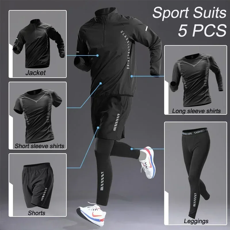 Sport 1-5 PCS Sets Workout Men\'s Quick Dry Jacket Suit Fitness Running Sets Sports Jogging Pants Workout Sportswear Track Suit