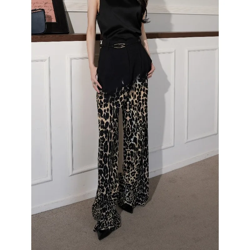 

Новые высокие черные брюки-палаццо с градиентным леопардовым принтом для весны и осени, модные трендовые брюки высокого качества