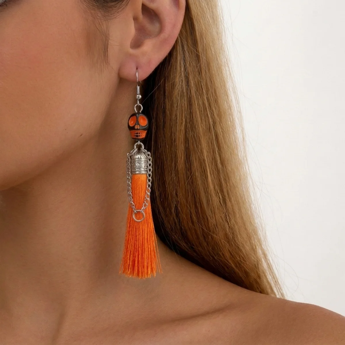 Halloween-Ohrringe mit bunten Quasten und Totenkopf-Anhänger für Damen, Punk-Street-Vintage-Cosplay-Ohrringe mit Skelett-Motiv, Schmuck – Detail 20