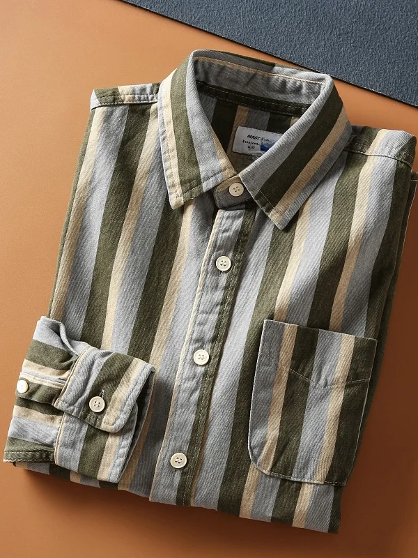 

Мужская хлопковая рубашка-куртка в японском стиле ретро с длинными рукавами, модная рубашка свободного кроя с вертикальными полосками, осенняя новинка